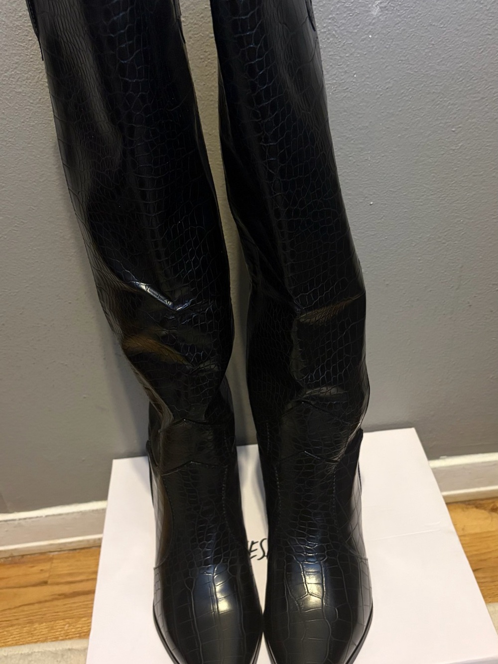 Princess Polly Black Croc-Embossed Over-The-Knee Boots